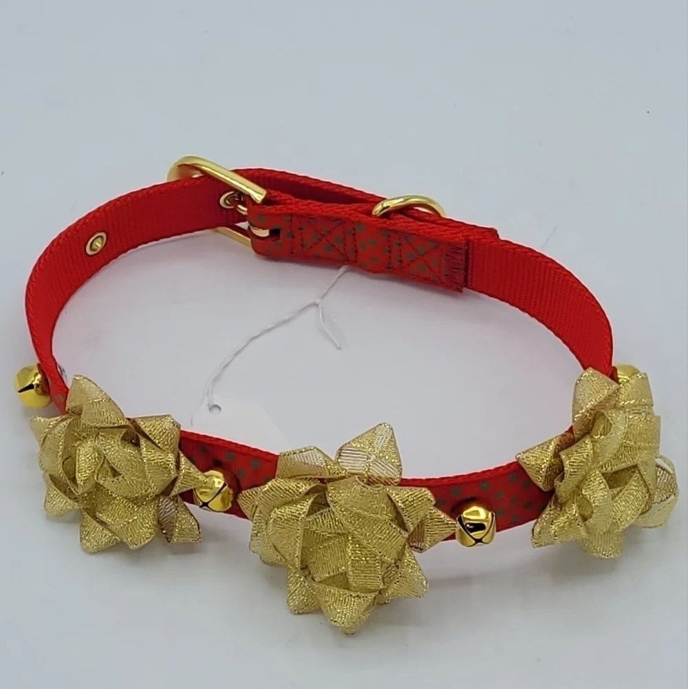 Festive Red & Gold Floral Jingle Bell Dog Collar - Christmas Holiday Size M/L
